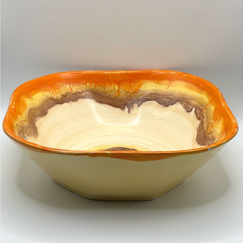 Vintage Czechoslovakia Art Pottery Orange Yellow Brown Fruit Serving Bowl 8x8"
